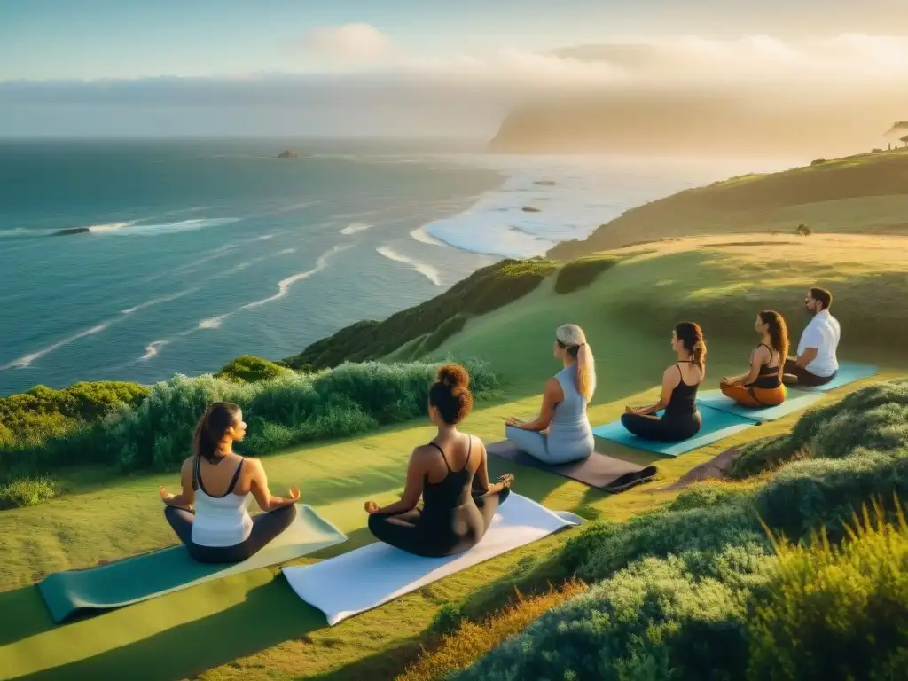 Sesión de yoga en la colina verde con vista al mar en Uruguay