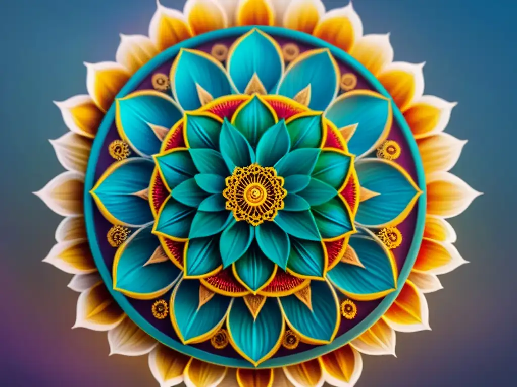 Mandala vibrante de colores y patrones intrincados, simbolizando crecimiento espiritual y autodescubrimiento en cursos online espiritualidad Uruguay