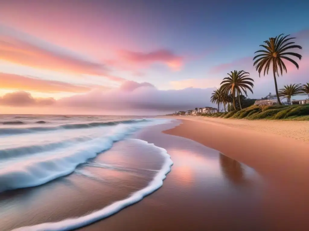 Palm trees sway under a colorful sky on a serene beach in Uruguay, reflejando adaptabilidad y resiliencia coaching Uruguay