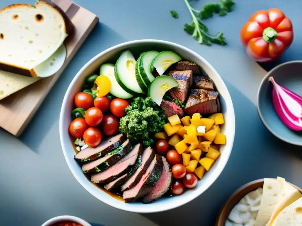 Ensalada uruguaya colorida con carne a la parrilla, chimichurri y queso fresco