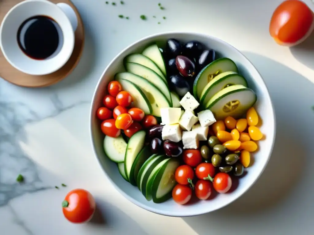 Colorida ensalada mediterránea en plato blanco, con tomates, pepinos, pimientos, queso feta, aceitunas y glaseado balsámico