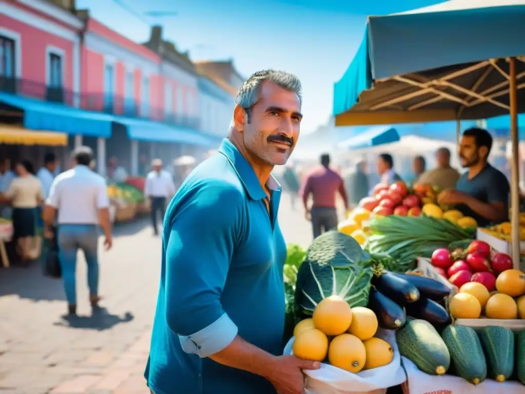 Colorida feria vecinal en Uruguay, puestos rebosantes de frutas y verduras frescas, vendedores amigables bajo cielo azul