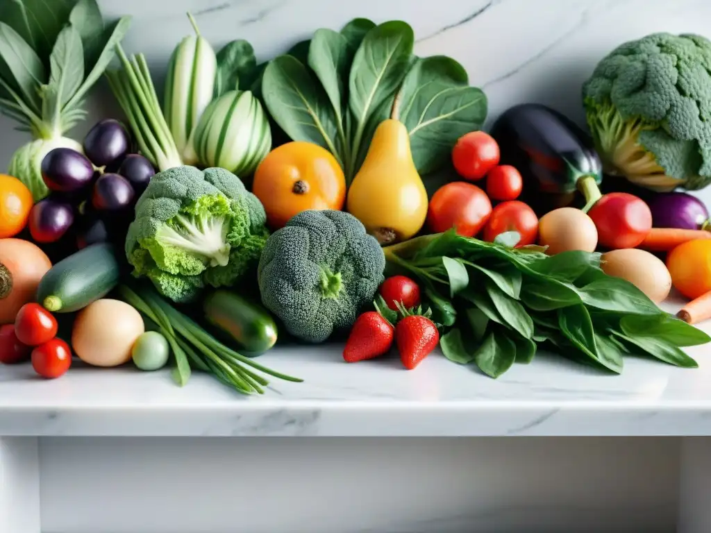 Una colorida y fresca variedad de frutas y verduras sobre mármol blanco