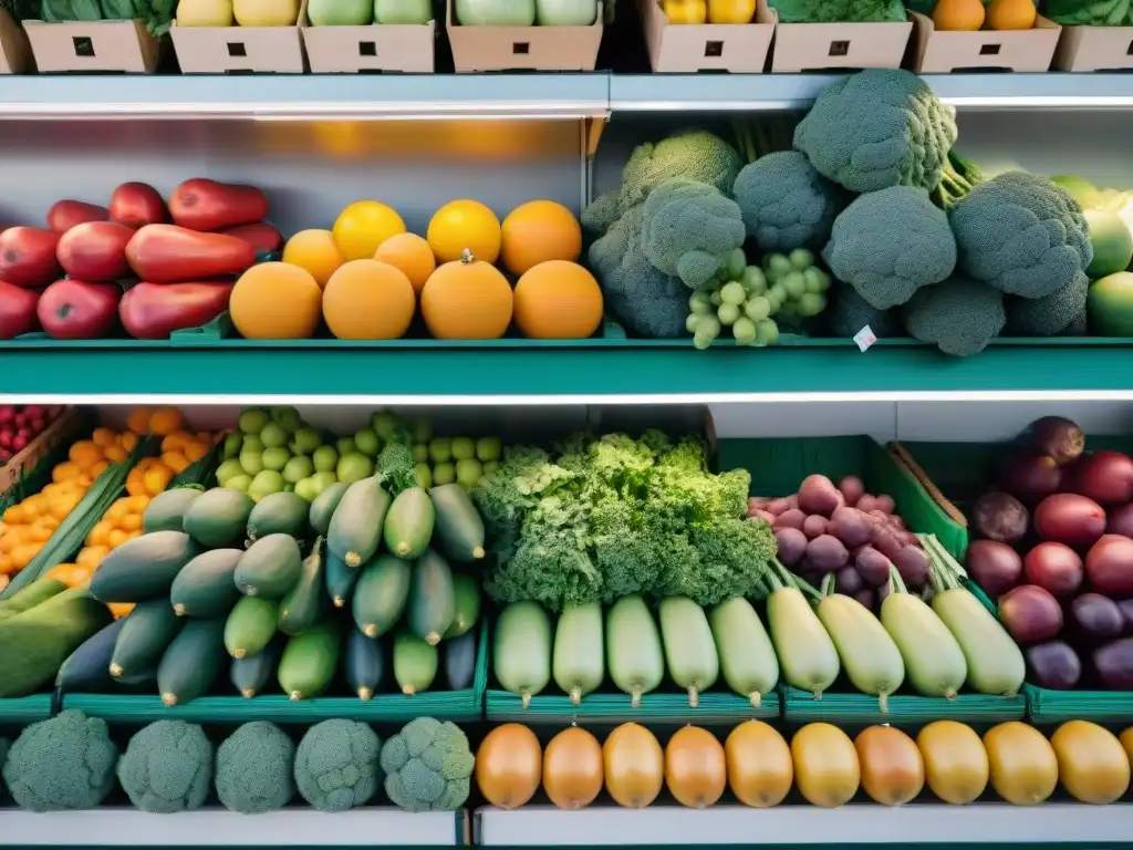 Una colorida exhibición de frutas y verduras frescas en un supermercado de Uruguay