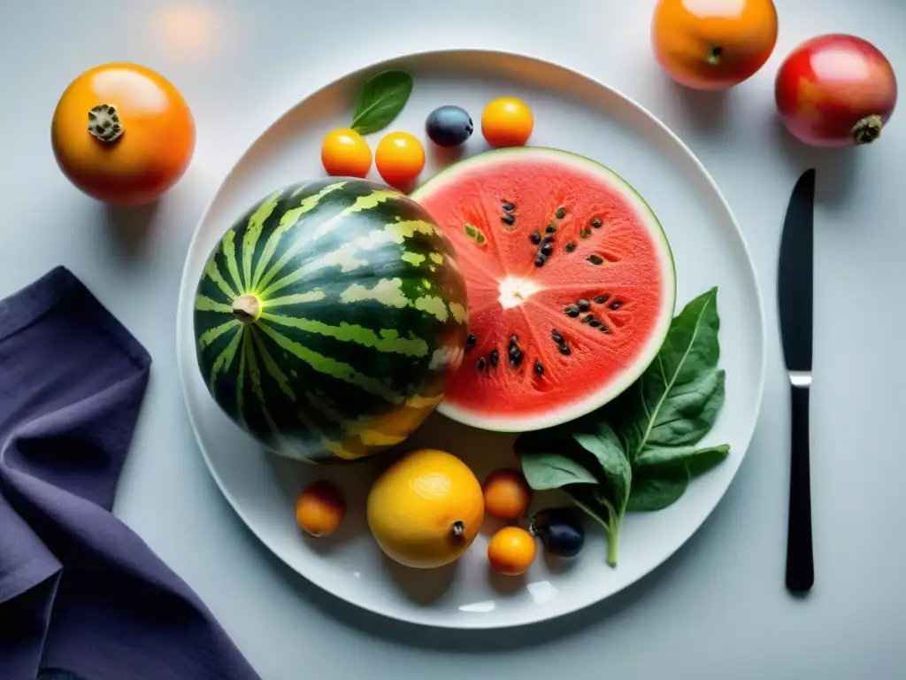 Una colorida muestra de frutas y verduras frescas, típicas de Uruguay, en una elegante bandeja blanca