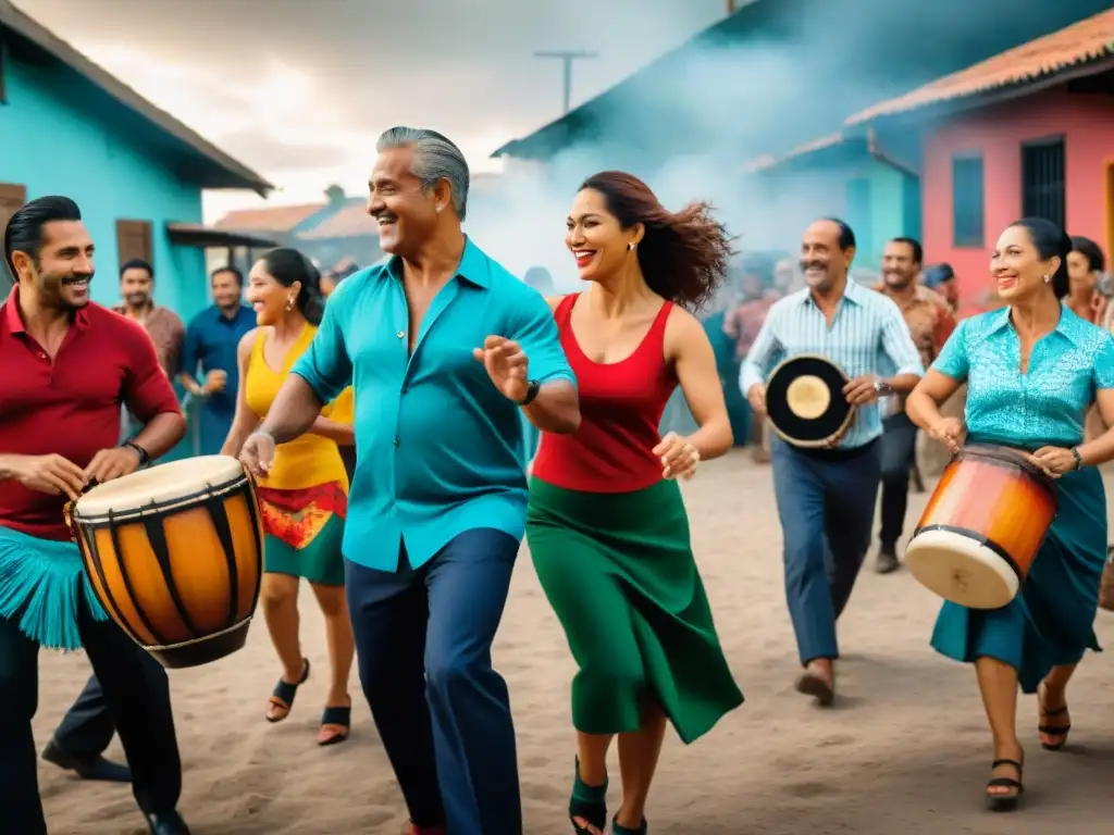 Colorida ilustración de tradiciones uruguayas fortaleciendo lazos familiares en tango, asado y candombe