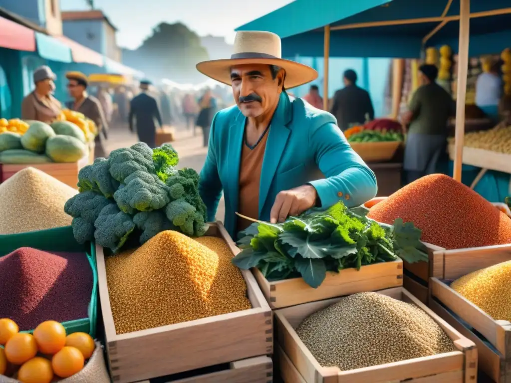 Colorido mercado en Uruguay con superfoods como quinoa y kale en cajas de madera, ambiente comunitario