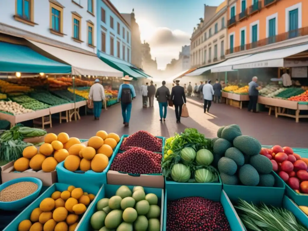 Colorido mercado en Montevideo con superfoods para dieta balanceada en Uruguay