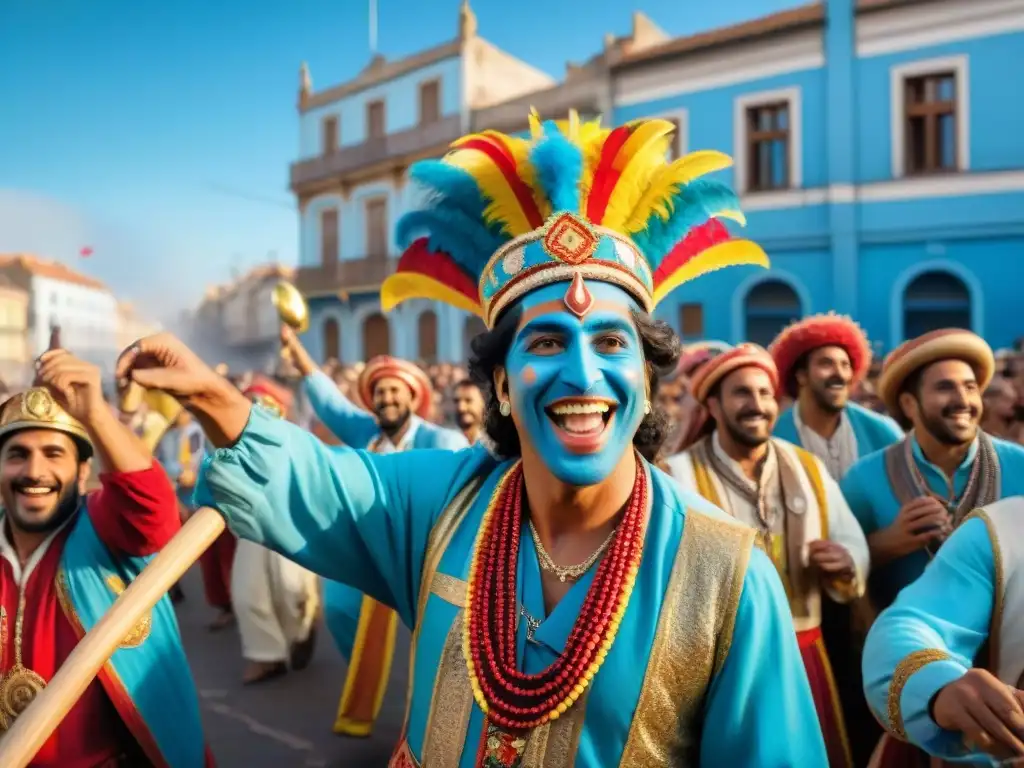 Coloridos artistas de murgas uruguayas en celebración comunitaria y transformación social