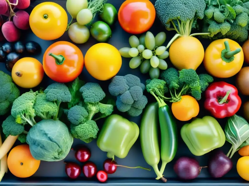 Combinación de alimentos para bienestar: una exuberante variedad de frutas y verduras frescas y coloridas, dispuestas de forma apetitosa