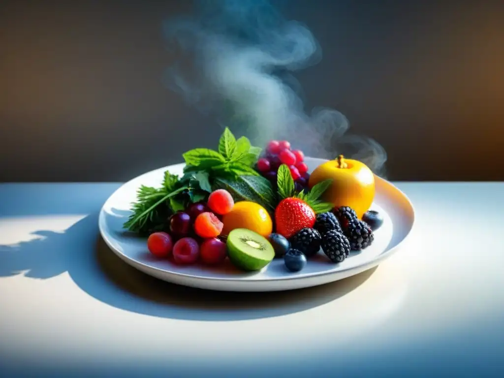 Una comida equilibrada con frutas, verduras, granos y proteínas en un plato blanco, con iluminación suave