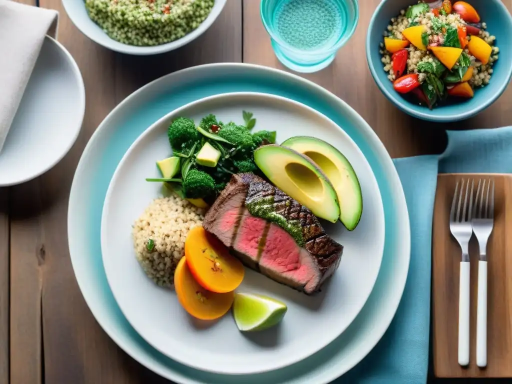 Una comida uruguaya tradicional con un toque saludable: asado magro con chimichurri, ensalada de quinoa y aguacate fresco