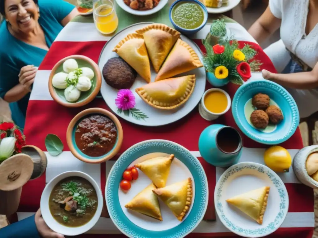 Comidas familiares en Uruguay: Mesa llena de platos tradicionales y diversa familia sonriente compartiendo una animada conversación