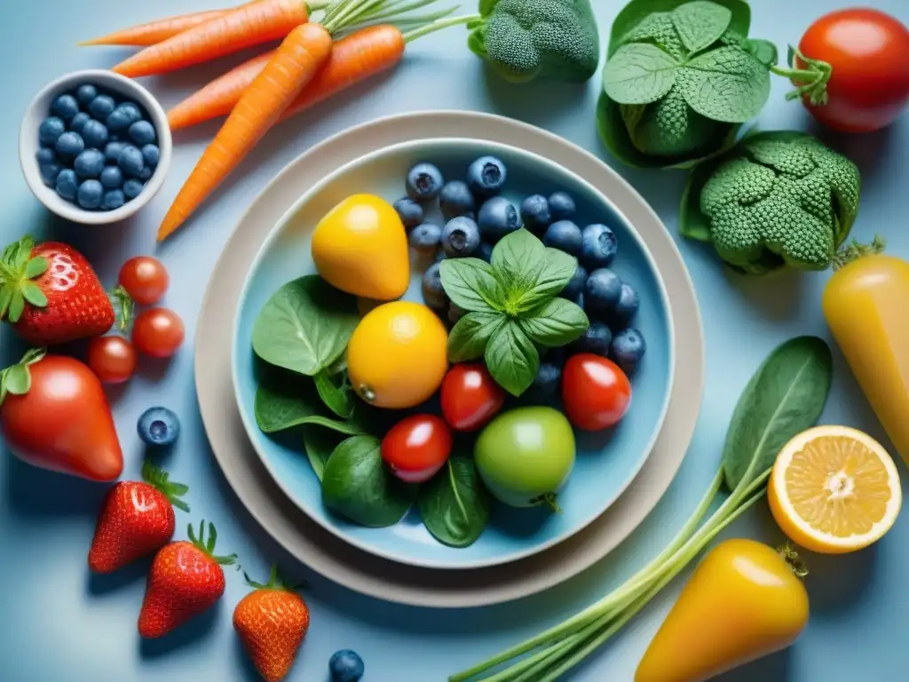 Una composición artística de frutas y verduras frescas, vibrantes y coloridas