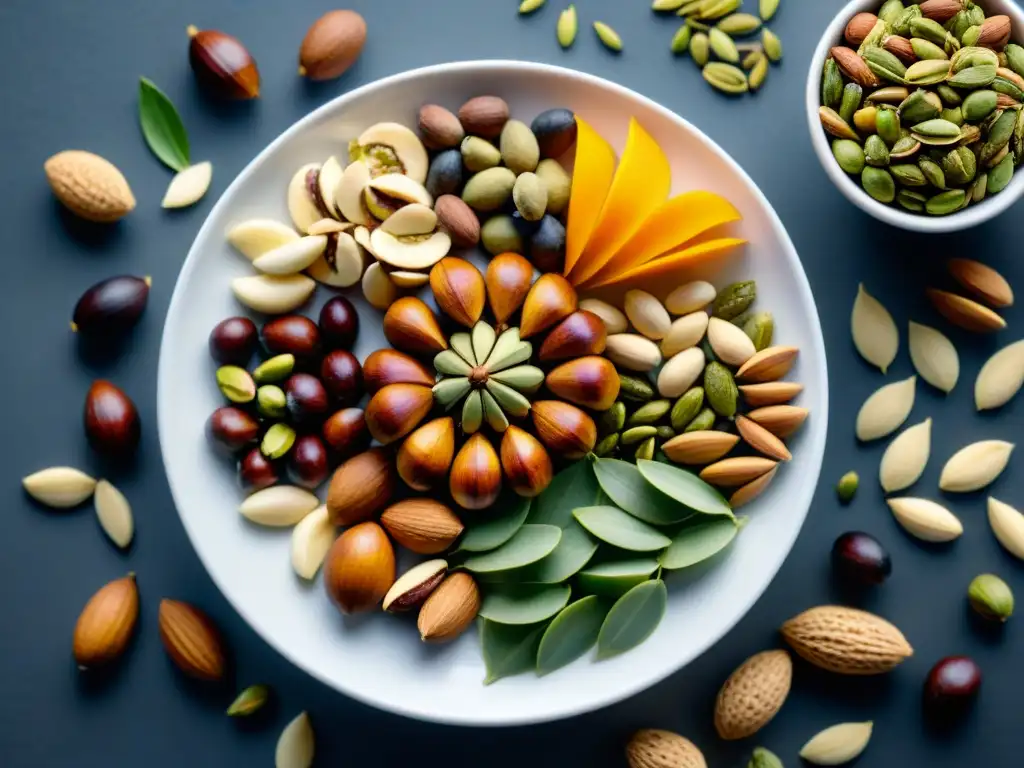 Una composición visualmente atractiva de frutos secos y semillas en un plato blanco moderno, resaltando los beneficios de los frutos secos