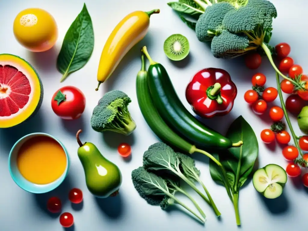 Una composición vibrante de frutas y verduras frescas sobre una mesa blanca, reflejando la esencia de un plan detox integral en Uruguay