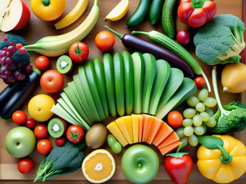 Una composición vibrante de frutas y verduras frescas en una mesa de madera, destacando meriendas saludables para niños en Uruguay