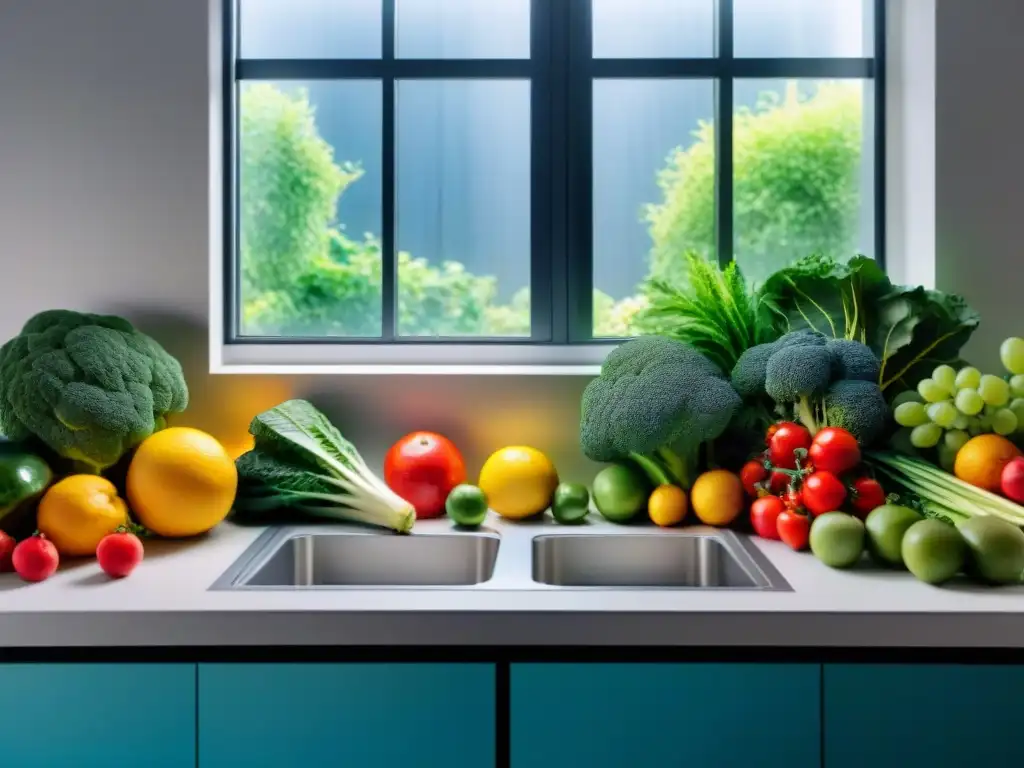 Una composición vibrante de frutas y verduras frescas en una cocina moderna, resaltando la diversidad de colores y texturas