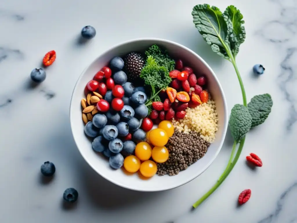 Una composición vibrante de superfoods para dieta balanceada en Uruguay, con acai, chía, kale, quinoa, arándanos y almendras en un plato blanco