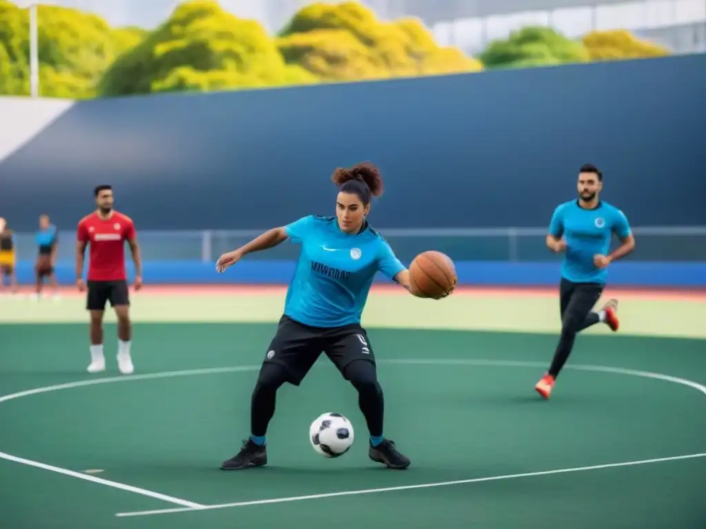 Comunidad activa disfrutando deportes en parque urbano de Uruguay, resaltando beneficios del deporte en Uruguay