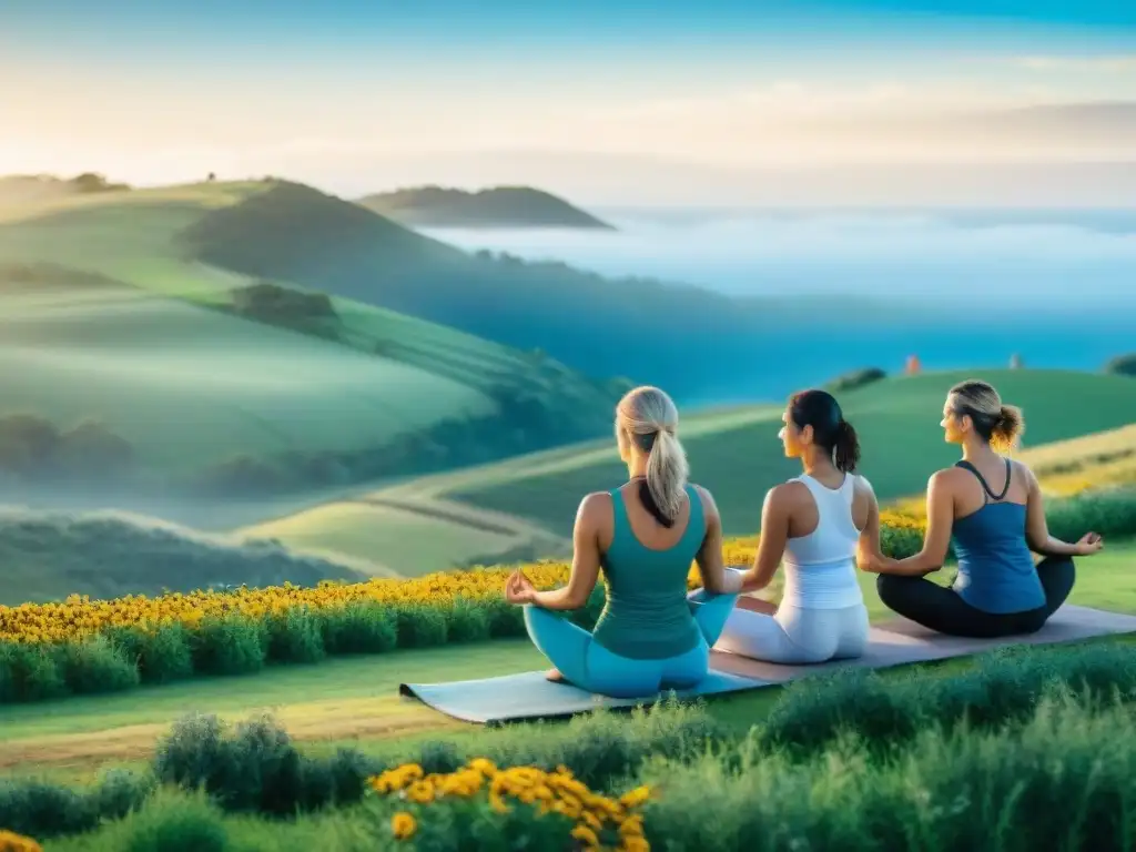 Comunidad en armonía practicando yoga en el campo de Uruguay