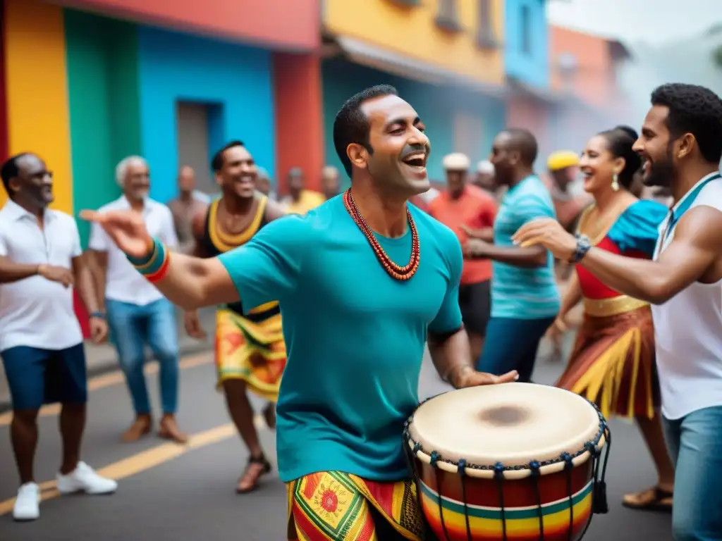 Comunidad danzando en la ciudad al ritmo de tambores de Candombe, fusionando tradición y arte urbano