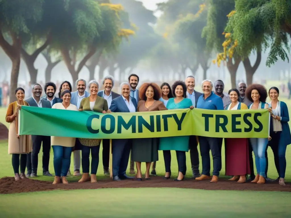 Comunidad diversa en Uruguay planta árboles en parque verde, promoviendo proyectos sostenibilidad y bienestar comunitario