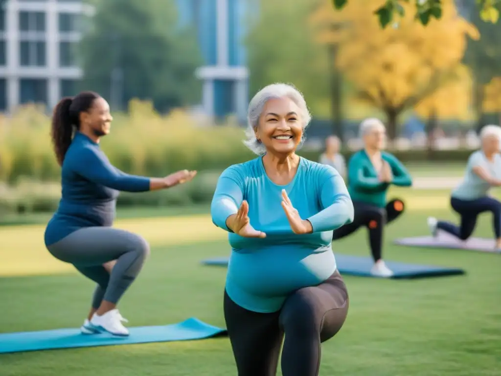 Una comunidad diversa practica yoga y ejercicios adaptados en un parque urbano, promoviendo la fisioterapia para prevenir enfermedades crónicas