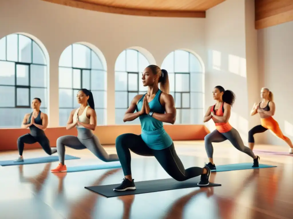 Una comunidad fitness diversa y enérgica ejercitándose juntos en un gimnasio luminoso, ideal para las mejores aplicaciones fitness en Uruguay