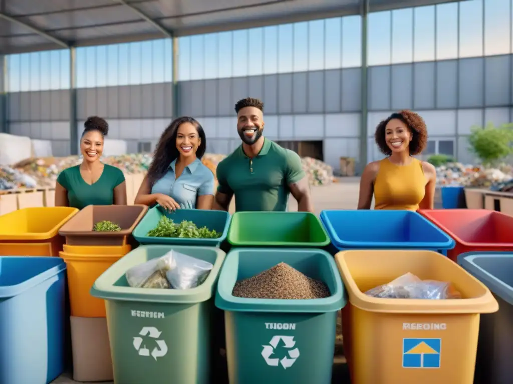 Comunidad diversa en Uruguay reciclando juntos con alegría en un centro de reciclaje, promoviendo el estilo de vida sostenible Uruguay