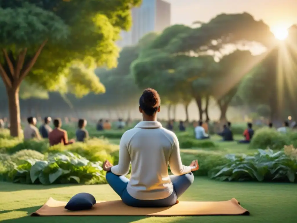 Comunidad diversa practicando mindfulness en parque urbano de Uruguay al atardecer, promoviendo apps bienestar mental sociedad uruguaya