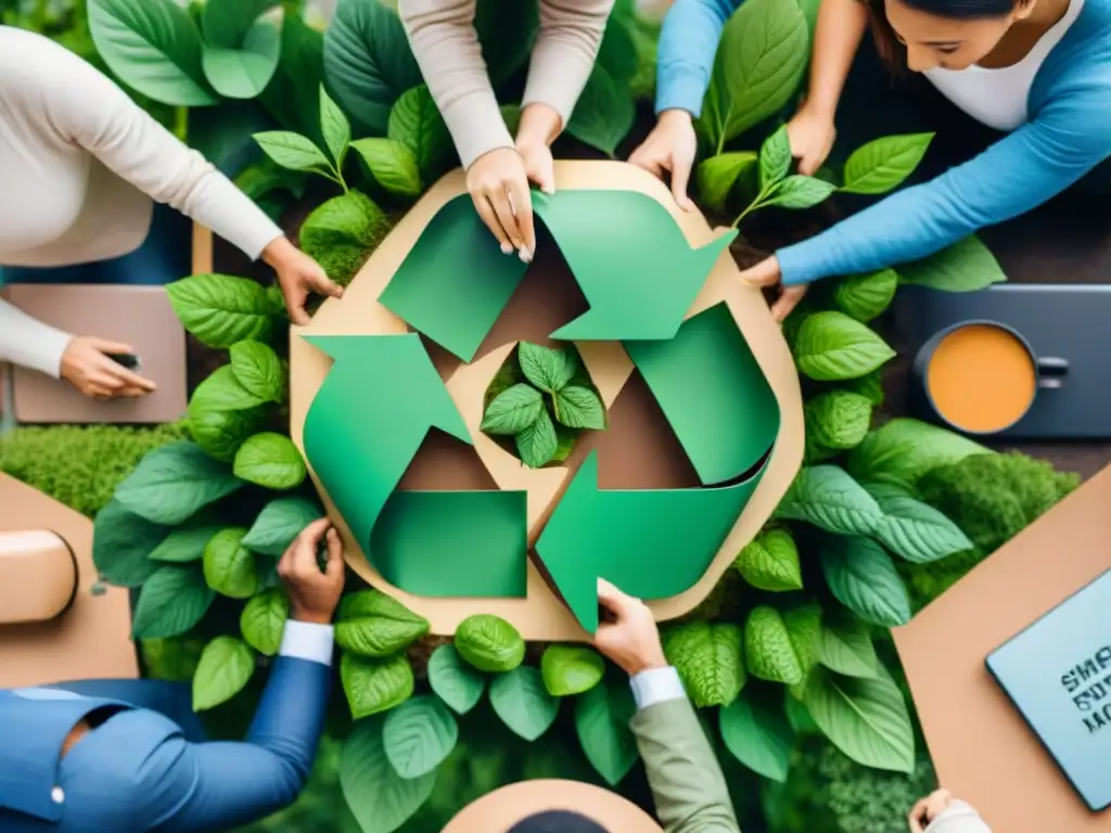 Comunidad diversa practica vida sostenible: reciclar papel, usar dispositivos digitales y plantar árboles