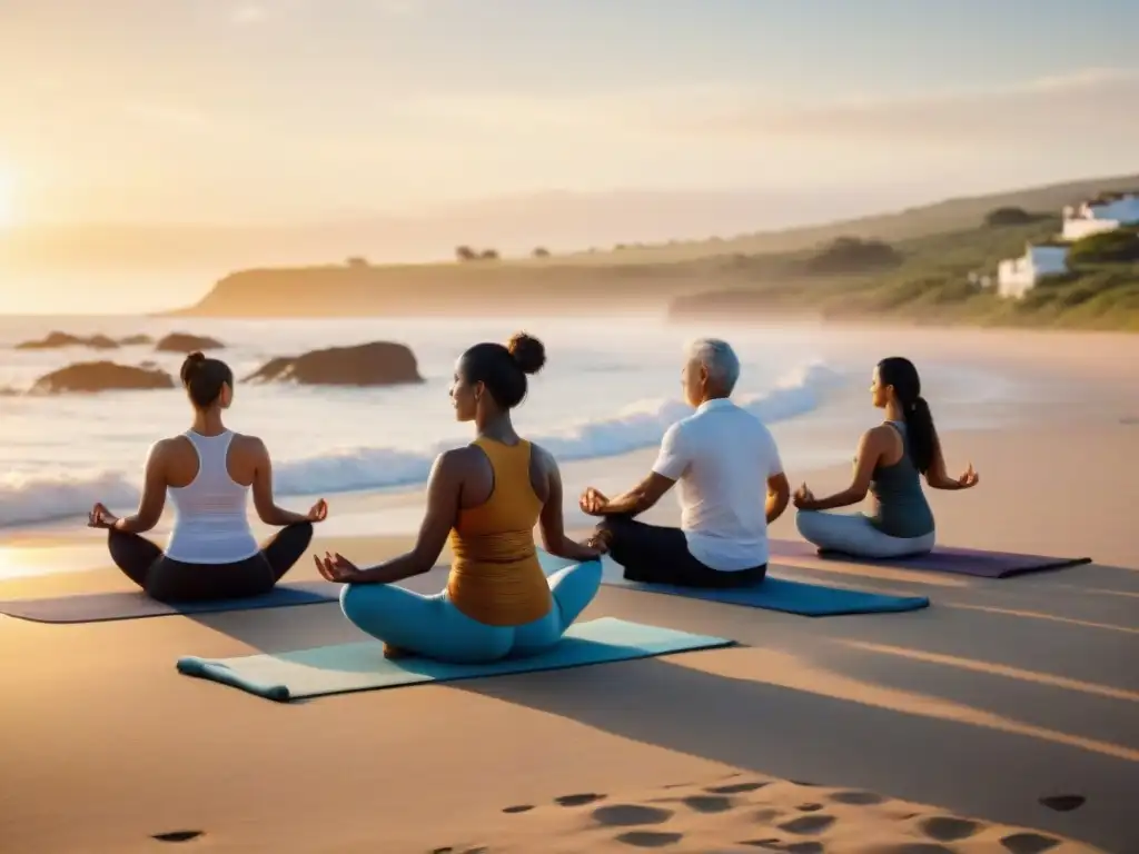 Comunidad diversa practicando yoga al atardecer en la playa de Uruguay