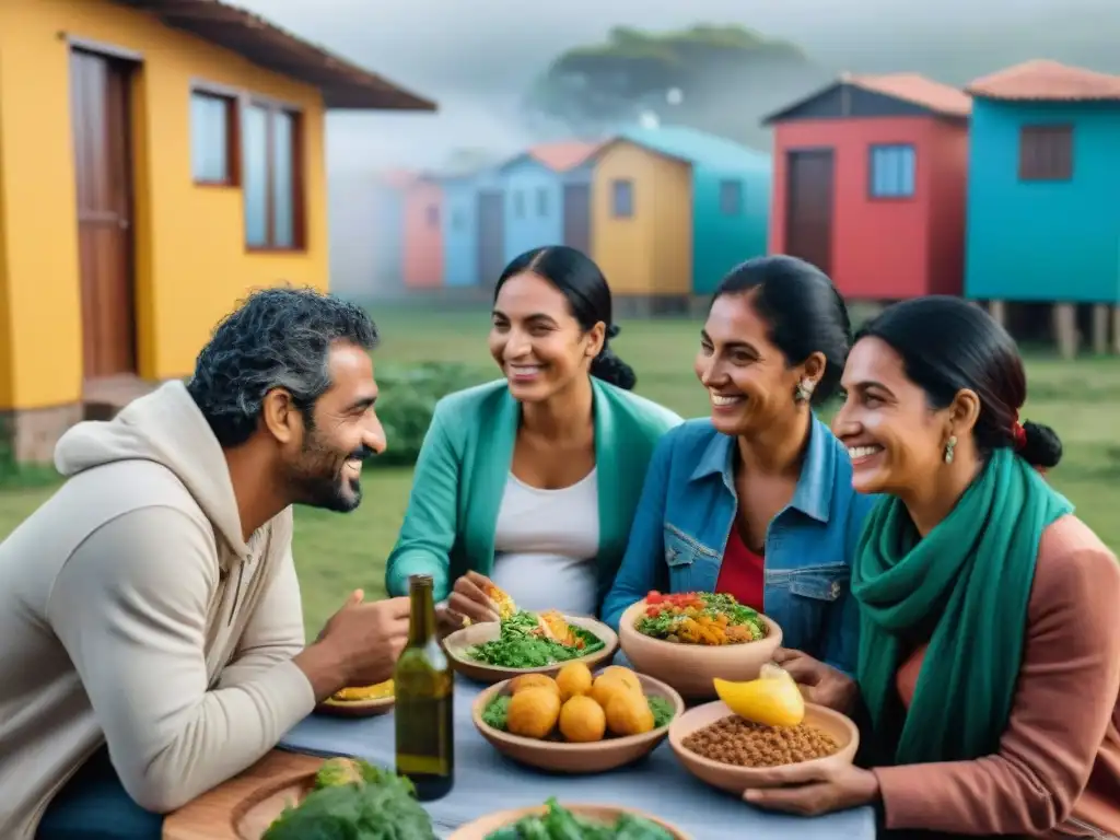 Comunidad inclusiva de migrantes disfrutando de una comida en complejo moderno en Uruguay