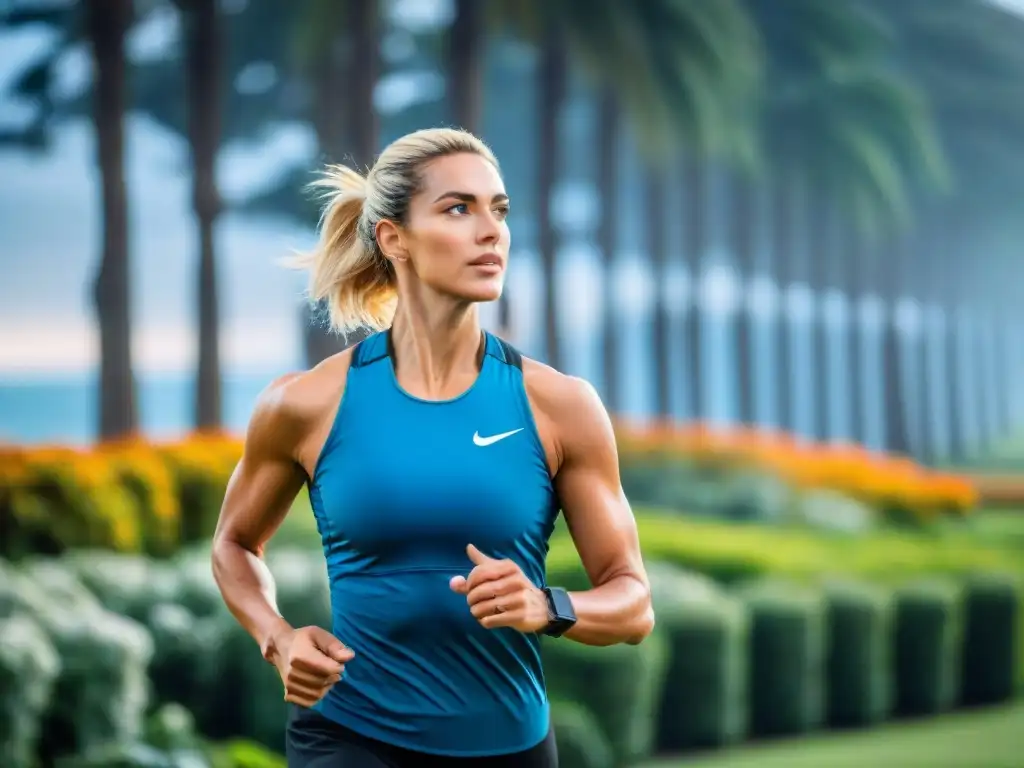 Comunidad fitness en Uruguay usando wearables de fitness en un parque pintoresco