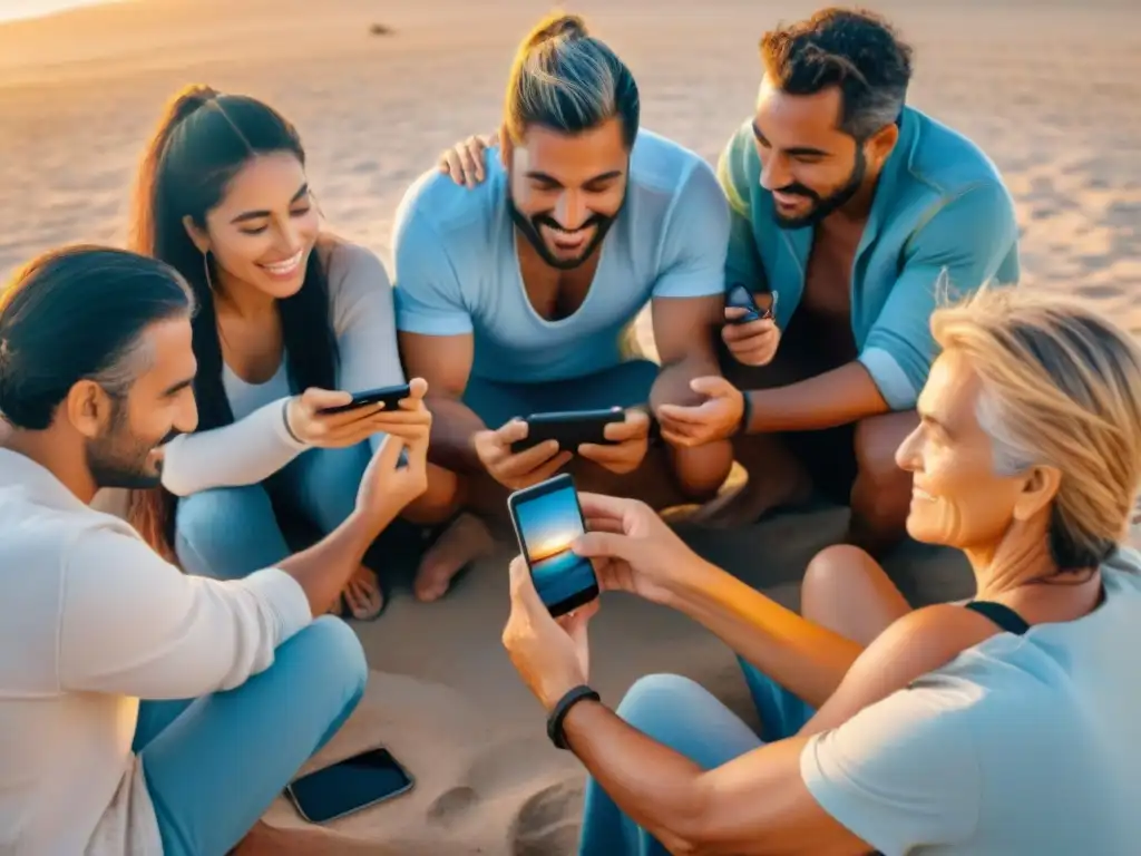 Comunidad uruguaya en la playa al atardecer, usando herramientas digitales para bienestar Uruguay