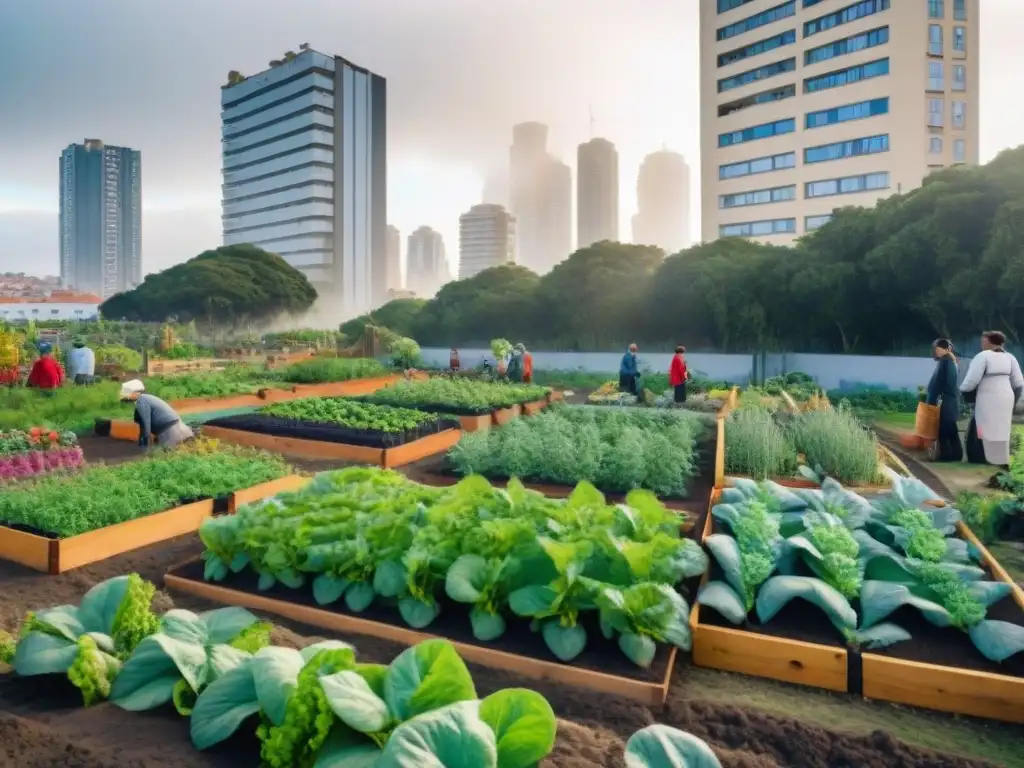 Una comunidad urbana vibrante en Uruguay, con un jardín diverso lleno de frutas, verduras y hierbas