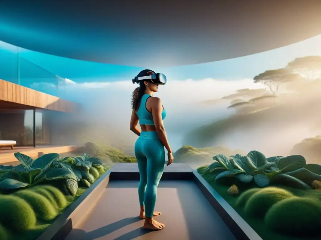 Una comunidad virtual de bienestar en Uruguay: paisaje futurista con tecnología avanzada y gente practicando yoga virtual