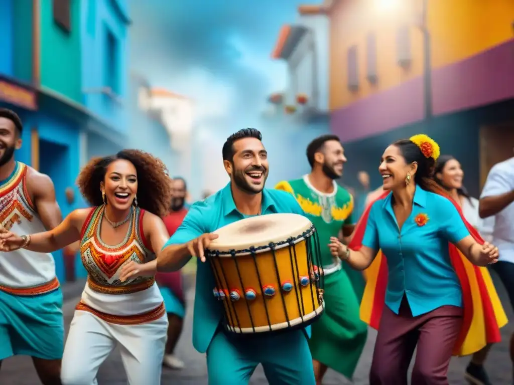 Celebración comunitaria y alegría en una ilustración digital moderna de personas diversas sonriendo y bailando al ritmo de un tambor de Candombe, rodeados de arte urbano colorido con símbolos uruguayos