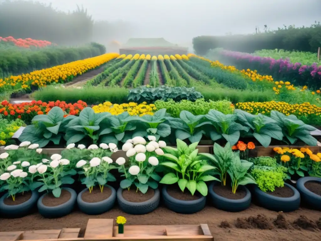 Un jardín comunitario en Uruguay lleno de vida y color, donde personas de todas las edades cuidan plantas en recipientes reciclados