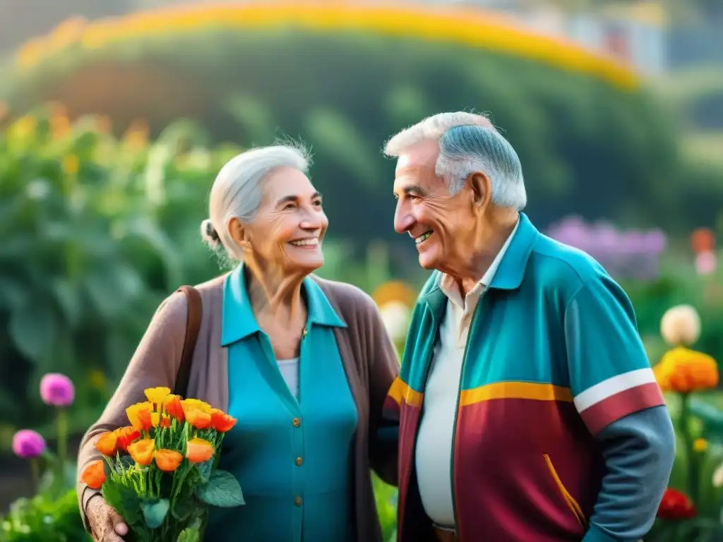 Un jardín comunitario en Uruguay donde personas de todas las edades sonríen y comparten, simbolizando la conexión intergeneracional y el bienestar