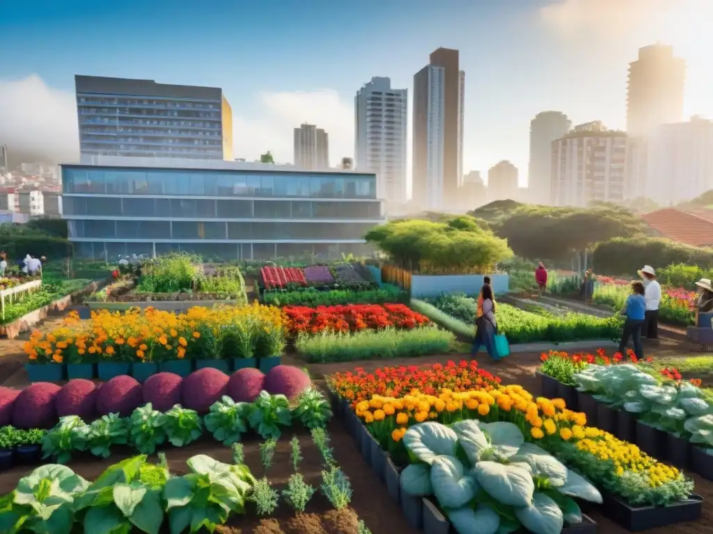 Un jardín comunitario vibrante y exuberante en Uruguay con flores coloridas, hortalizas prósperas y personas de todas las edades y orígenes felices jardineando juntas