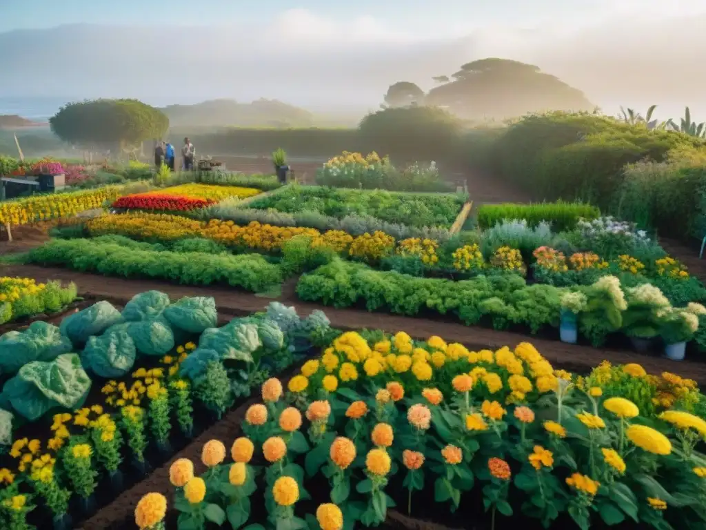 Un jardín comunitario vibrante y moderno en Uruguay, con flores coloridas, plantas verdes exuberantes y personas de diferentes edades y orígenes colaborando juntas