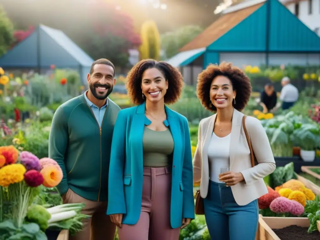 Un jardín comunitario vibrante con personas sonrientes de diversas edades y culturas, colaborando en Uruguay