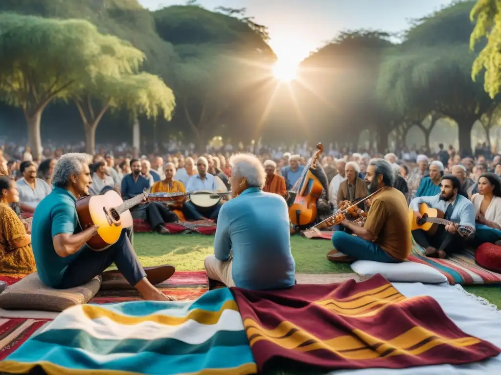 Un concierto al aire libre en un parque de Uruguay, gente diversa disfruta de la música para bienestar en Uruguay