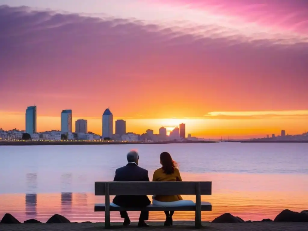 Una conexión profunda se construye entre pareja en Montevideo, Uruguay, admirando un atardecer sereno sobre el Río de la Plata