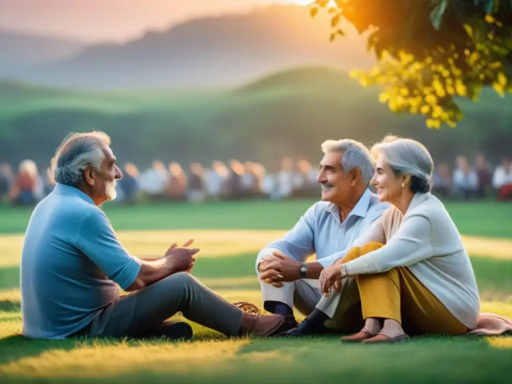 Conexiones y diálogos en un parque al atardecer, uniendo generaciones