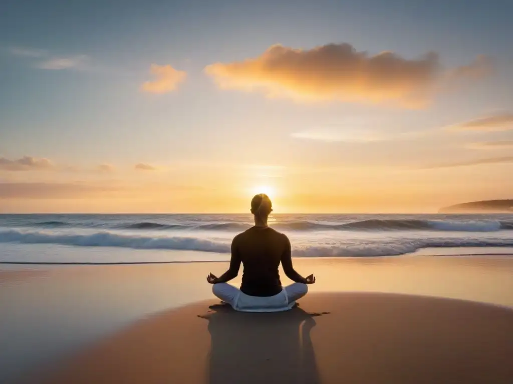 Meditación consciente en Uruguay: Persona meditando al amanecer en la costa, con colores vibrantes y serenidad