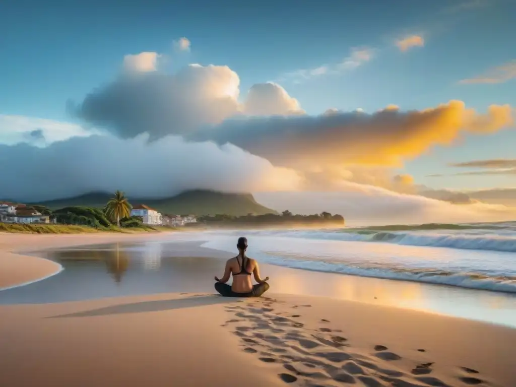 Meditación consciente en Uruguay: Playa serena al amanecer con olas suaves, palmeras y meditación en la arena