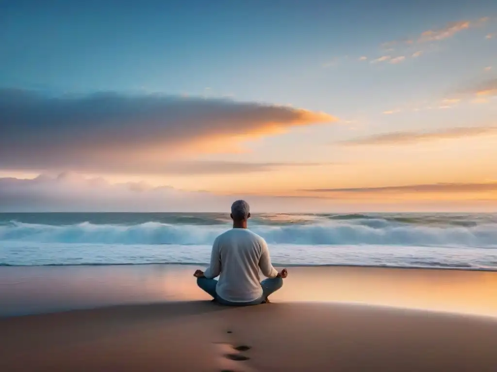 Meditación consciente en Uruguay: Playa tranquila al atardecer, figura meditando en armonía con la naturaleza